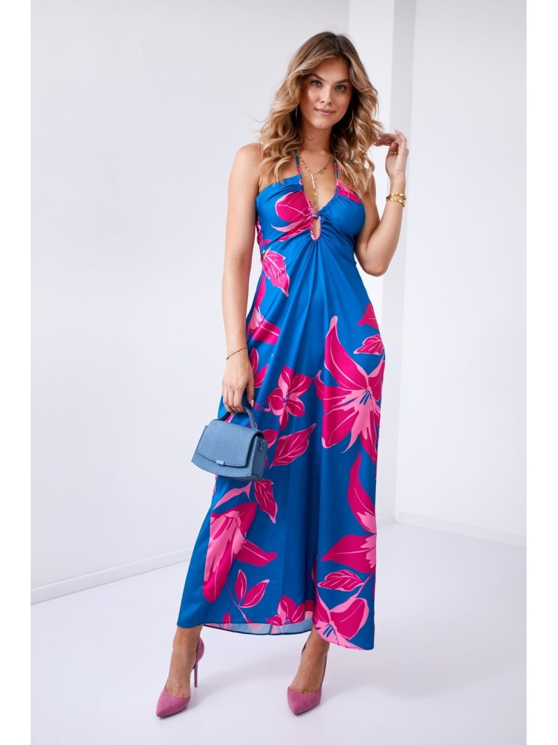 Maxi dress with cutouts and tied neckline, navy blue 110620 - Online store - Boutique